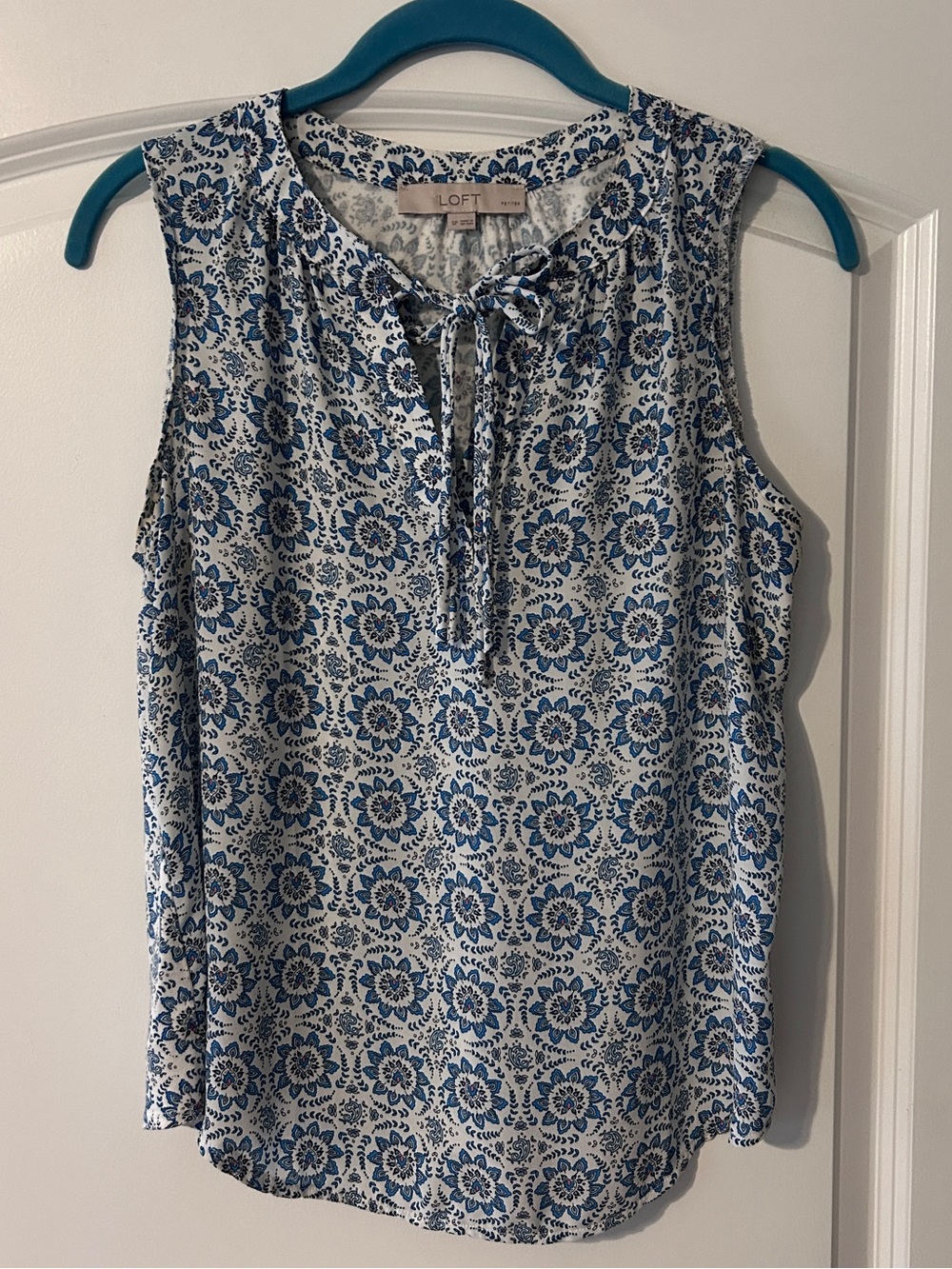 LOFT White and Blue Floral Tie-Neck Sleeveless Camisole